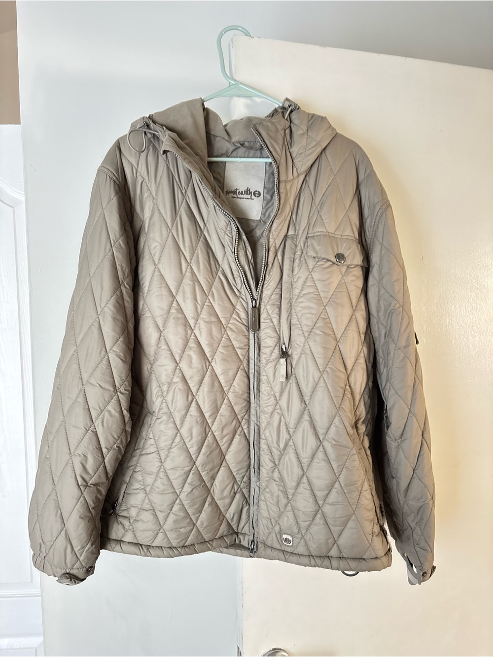 Planet Earther Rider Jacket -Quilted Hooded Puffer in Taupe - Large